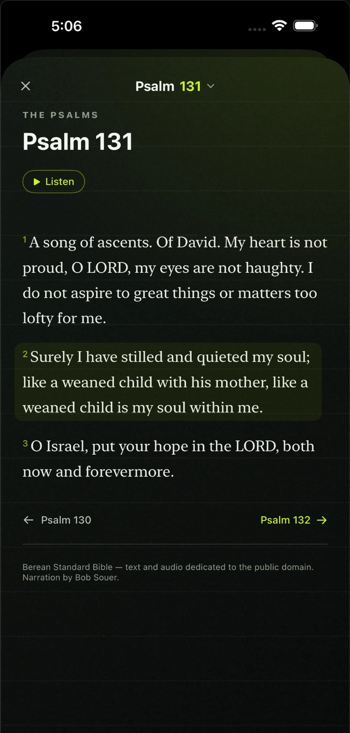 First Rep Bible Reader displaying Psalm 131 with a highlighted verse