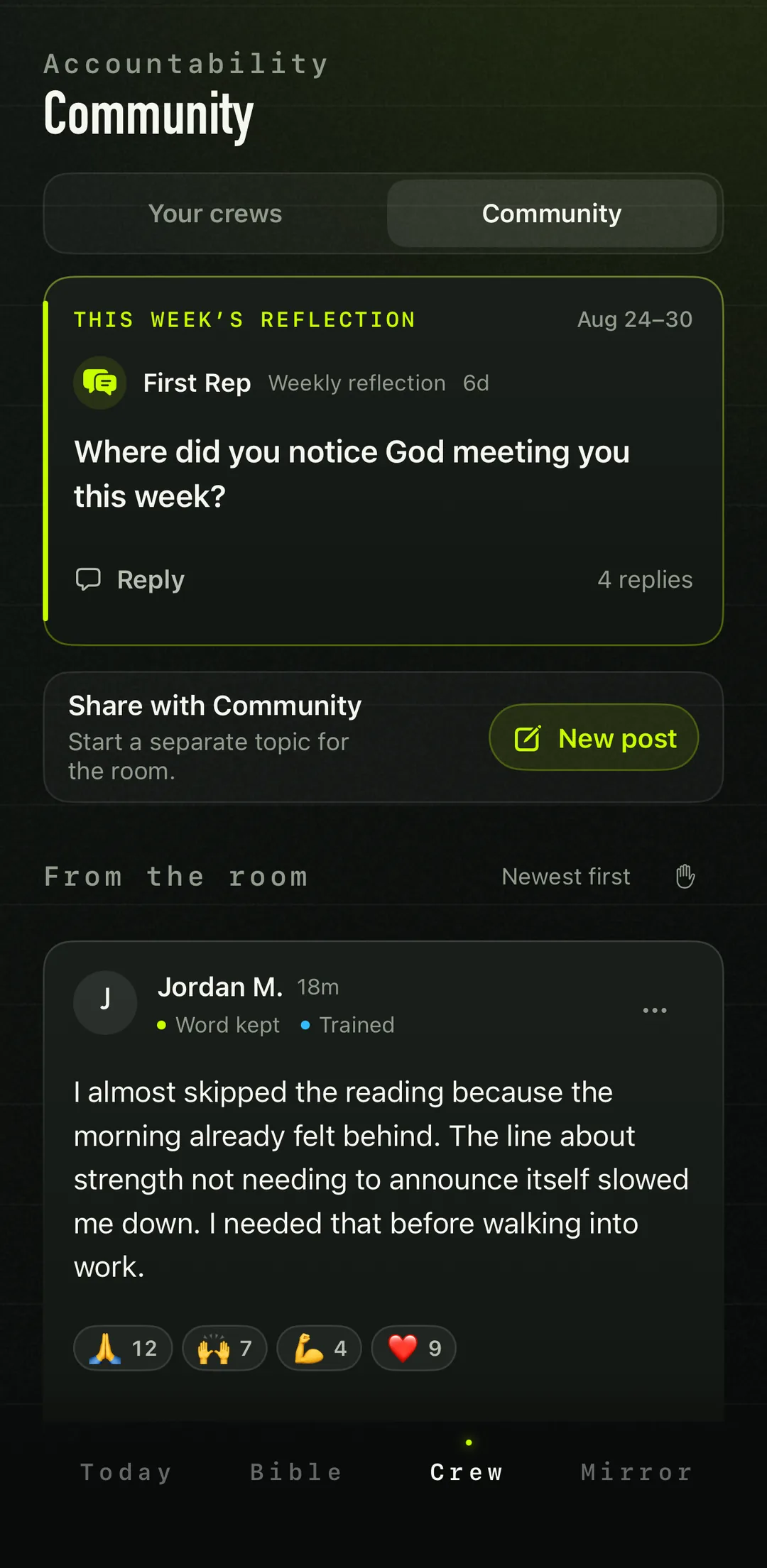 The Community room showing a weekly reflection question and a member post with reactions