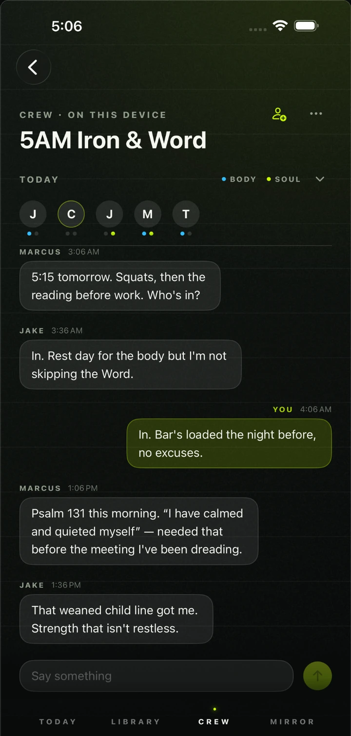 First Rep Crew room showing daily Body and Soul status and conversation