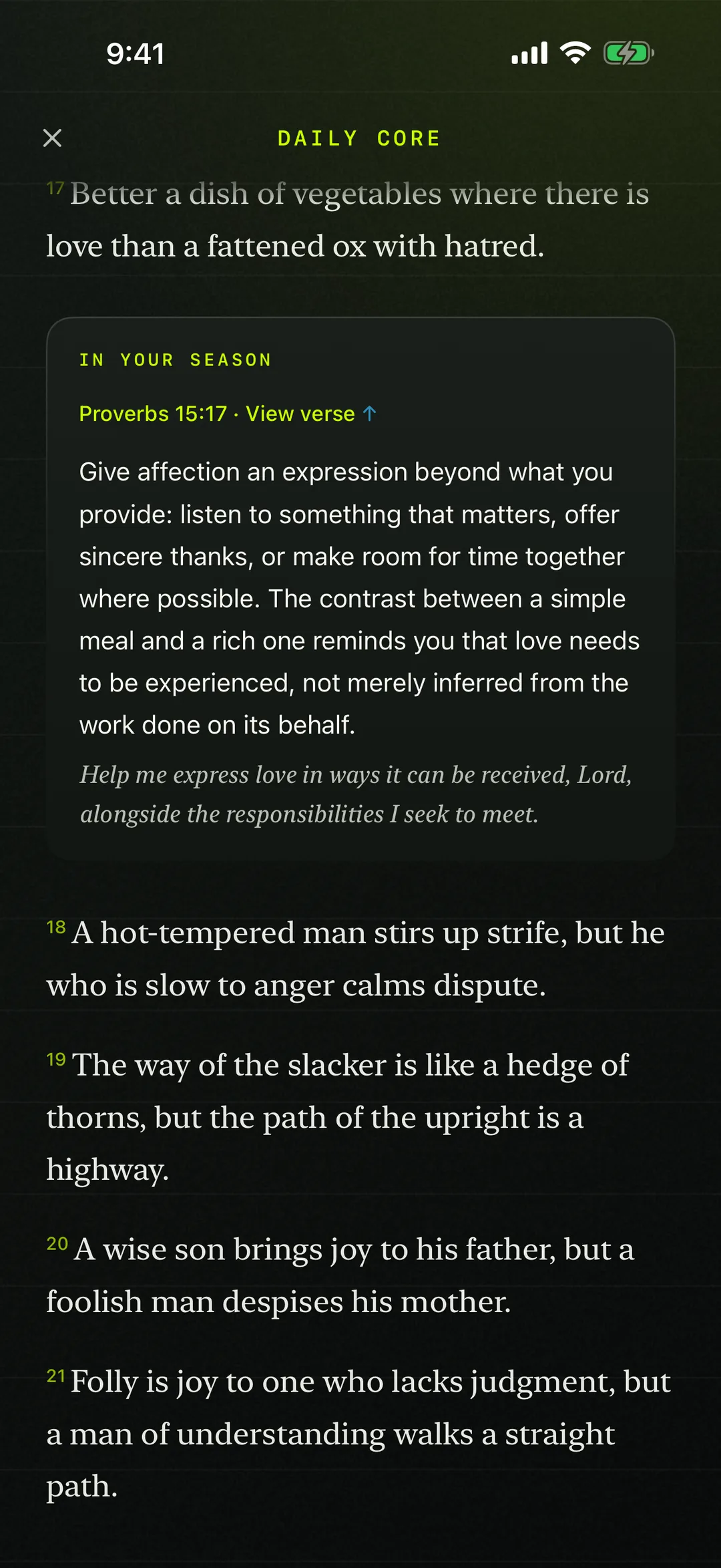 Daily Core showing a chapter of Proverbs with a listen control