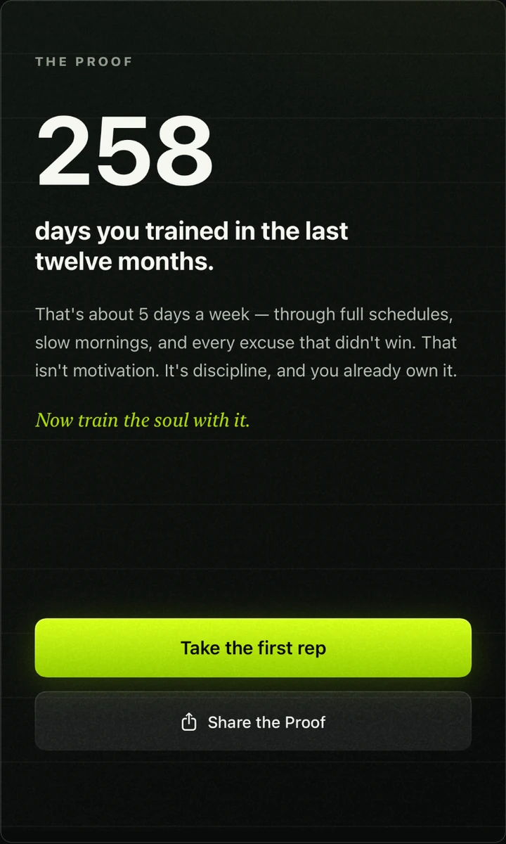 The Proof screen showing a year of training history as evidence of discipline already built