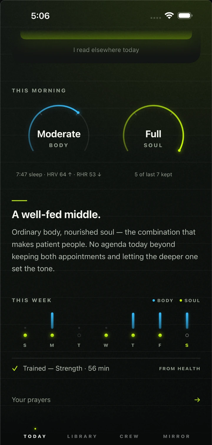 First Rep readiness screen with blue Body and citron Soul dials