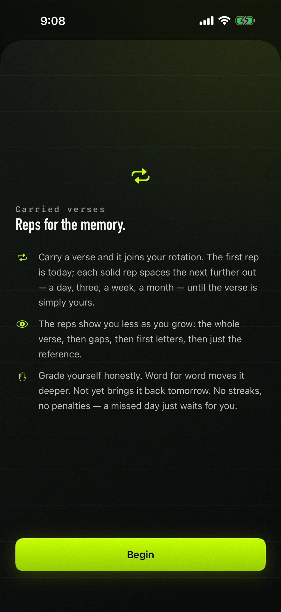 First Rep Verse Reps screen explaining how a carried verse enters a spaced rotation